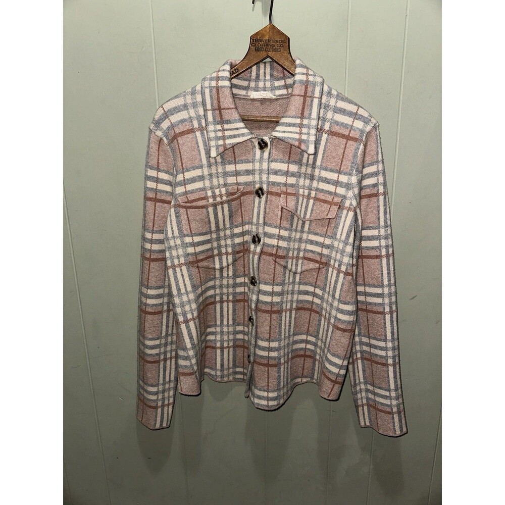 Mystree Collared Button Cardigan Light Tan Plaid Mix Women’s Size Med